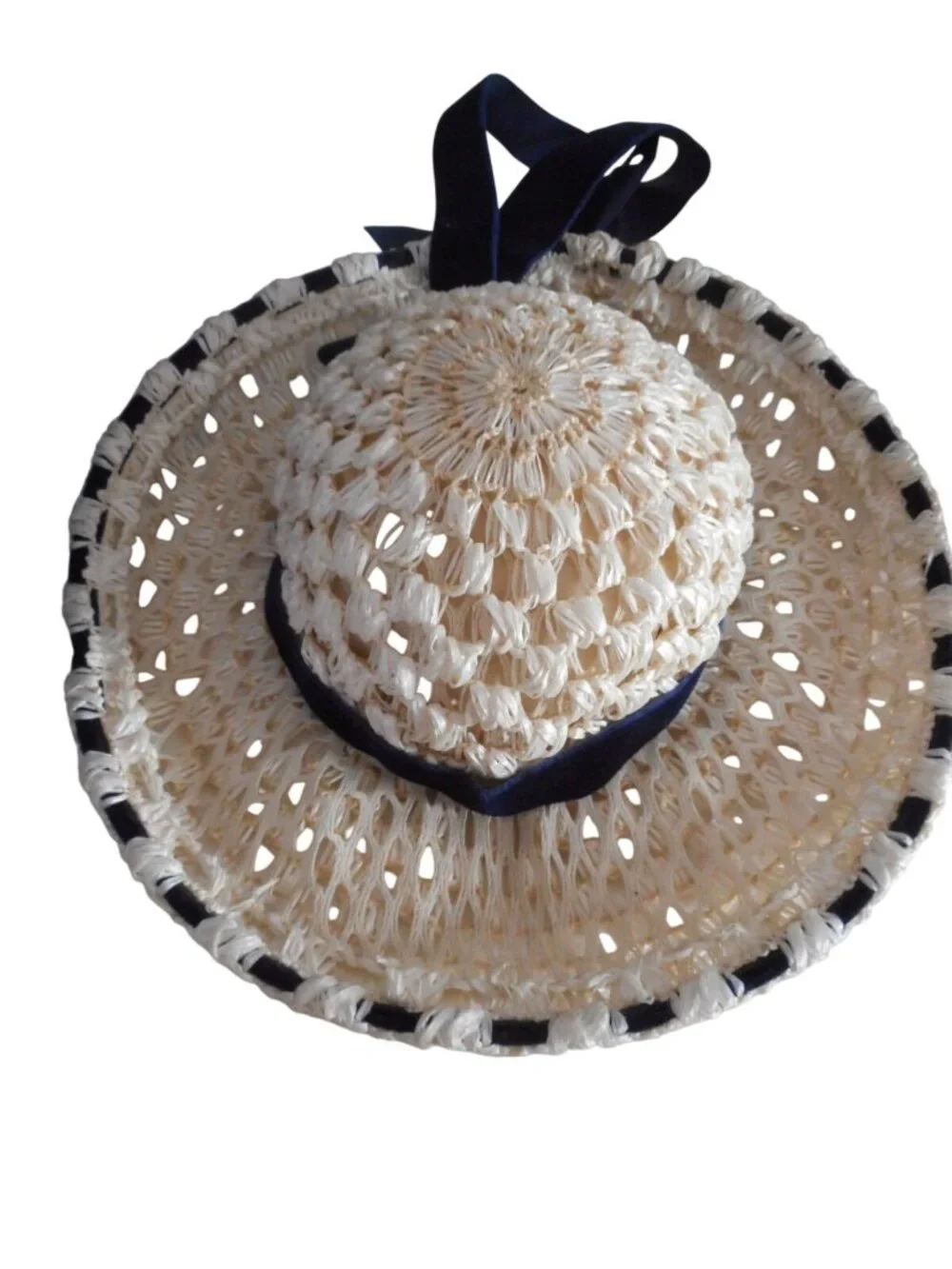 Vintage Estate cream woven raffia straw wide brim hat navy velvet ribbon trim - Picture 1 of 5